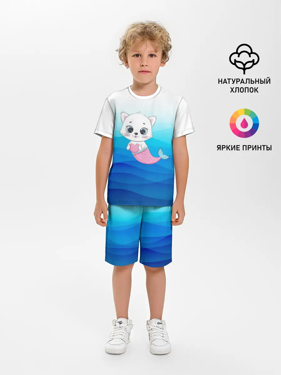 Детская пижама с шортами / Котик русалочка | Русалка с сердечком