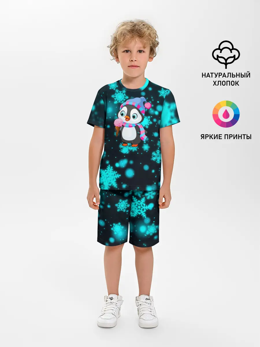 Детская пижама с шортами / Новогодний пингвин
