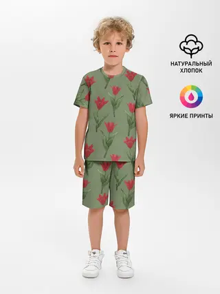 Детская пижама с шортами / Красные тюльпаны на зеленом
