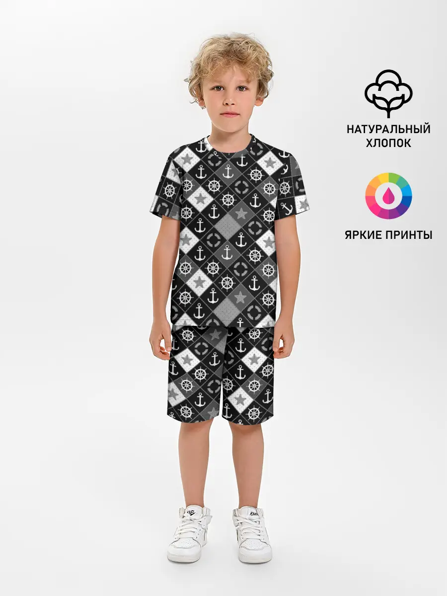 Детская пижама с шортами / Черно-белый морской плед