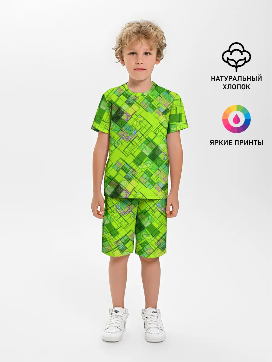 Детская пижама с шортами / Ярко-зеленый абстрактный узор