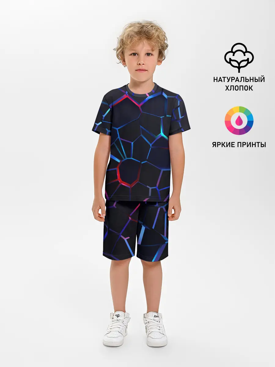 Детская пижама с шортами / Неоновые 3D плиты | Неоновые плиты