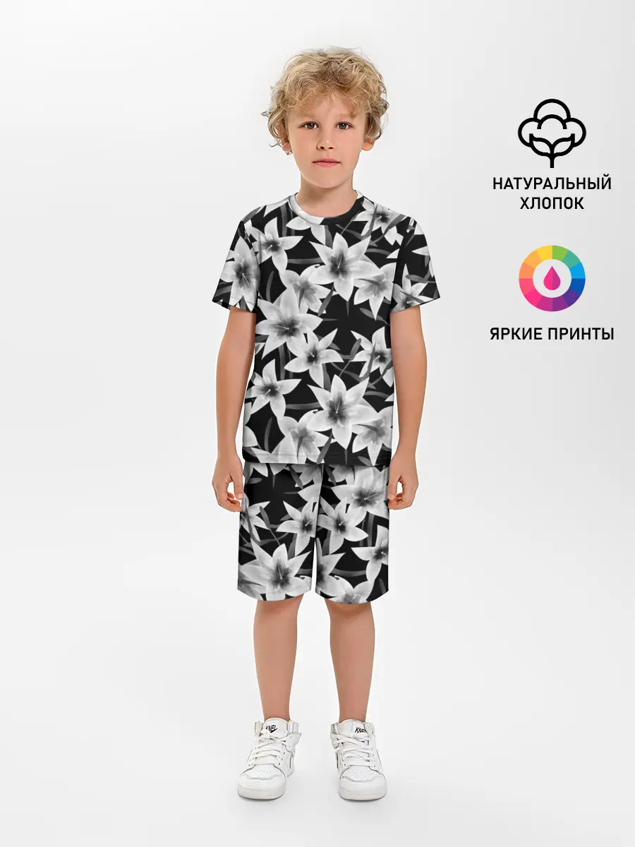 Детская пижама с шортами / Лилии черно-белые