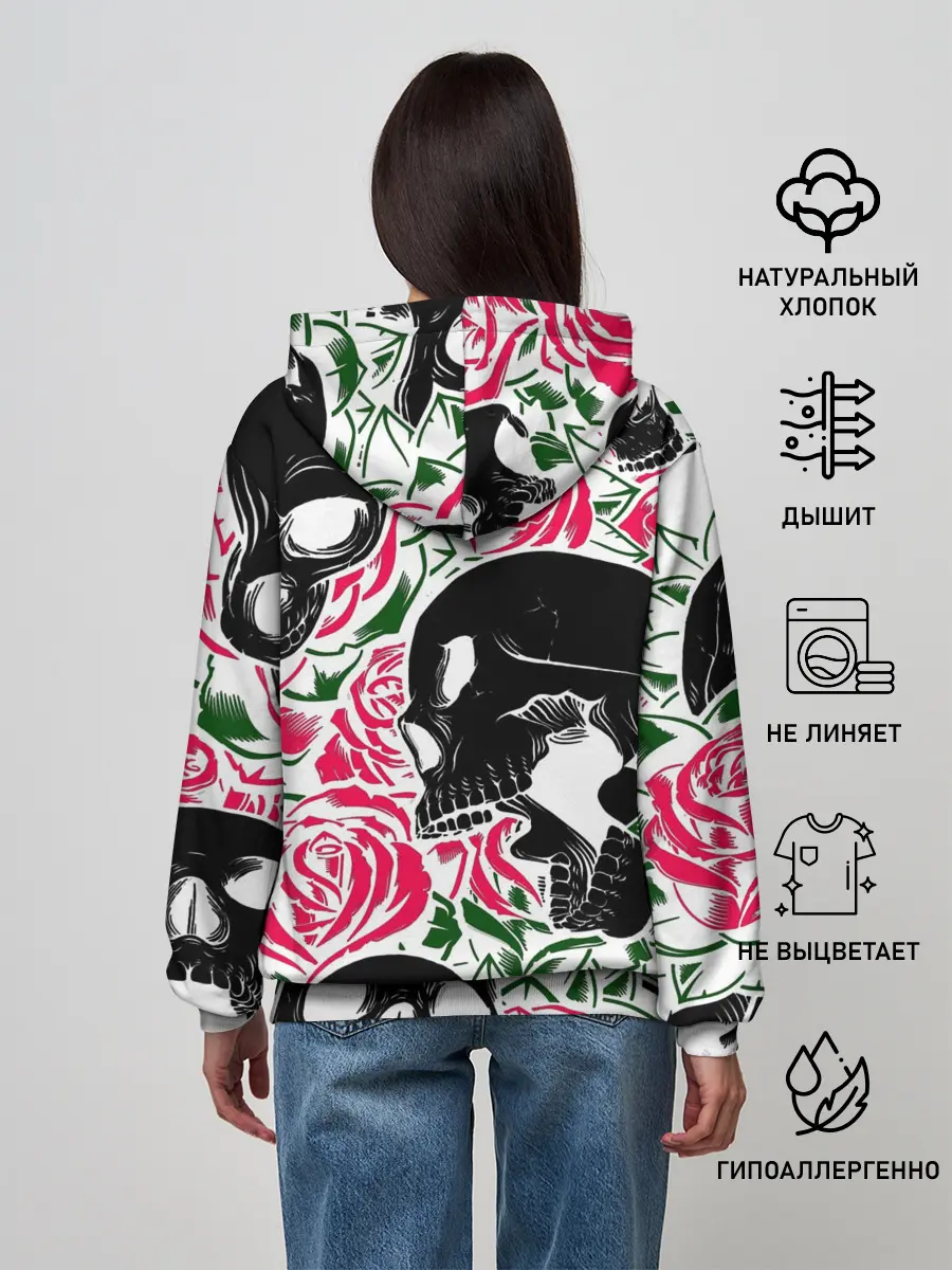 Женское худи / Череп, розы, цветы, зубы