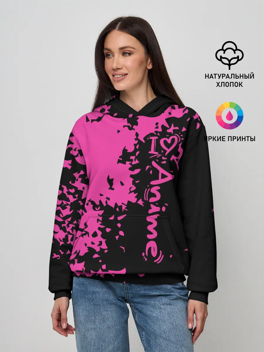 Женское худи / Love anime розовые кляксы на черном