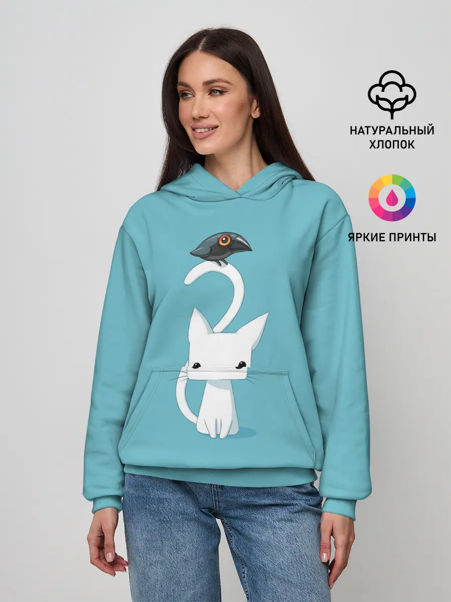 Женское худи / Белый котик и воробушек