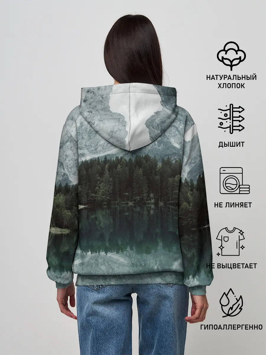 Женское худи / отражение горы в озере
