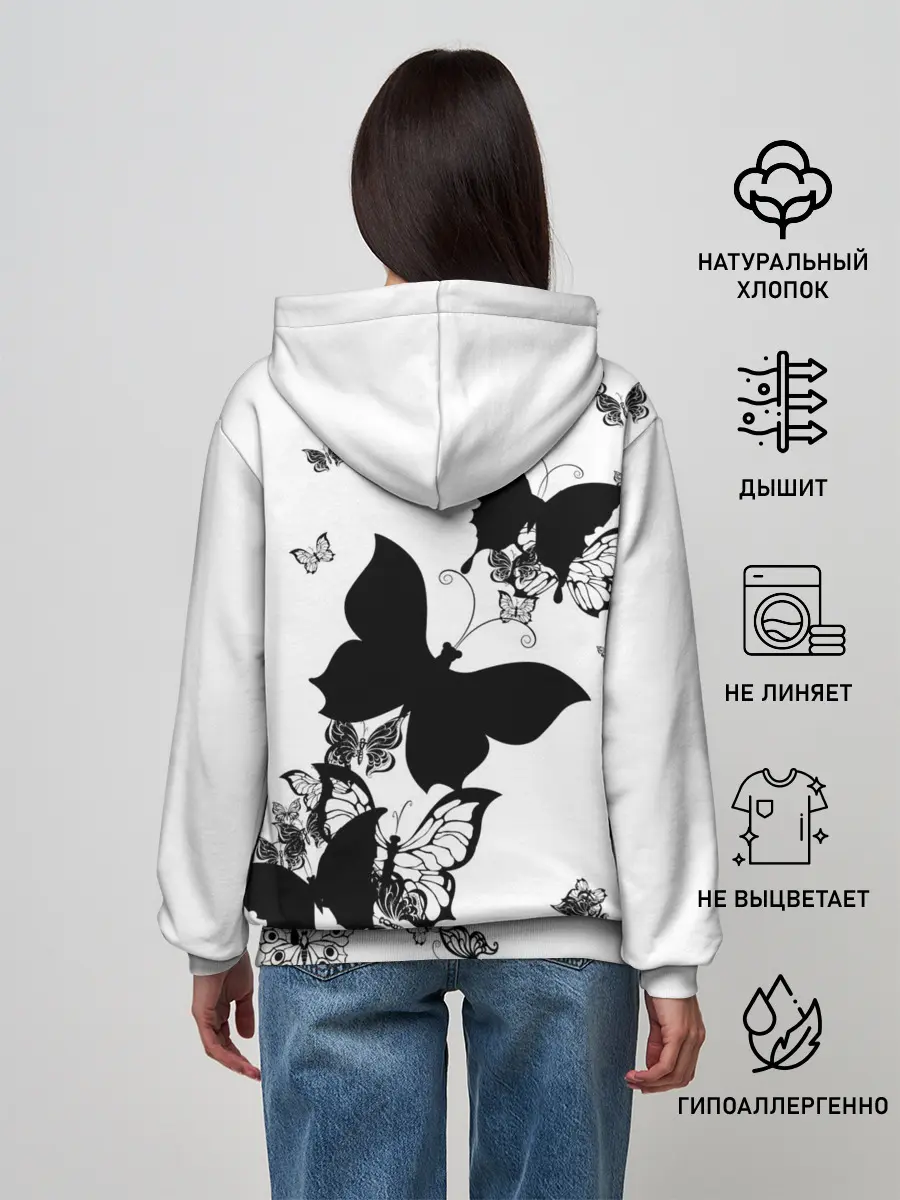 Женское худи / Черные бабочки на белом