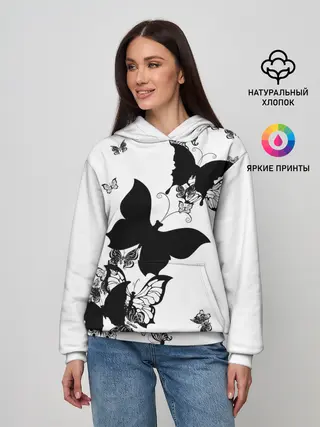Женское худи / Черные бабочки на белом