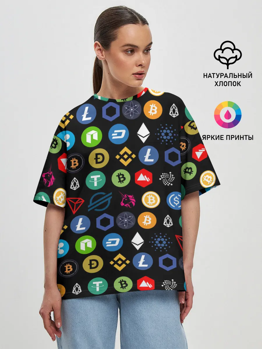 Женская футболка оверсайз / ЛОГОТИПЫ КРИПТОВАЛЮТ | CRYPTOCURRENCIES