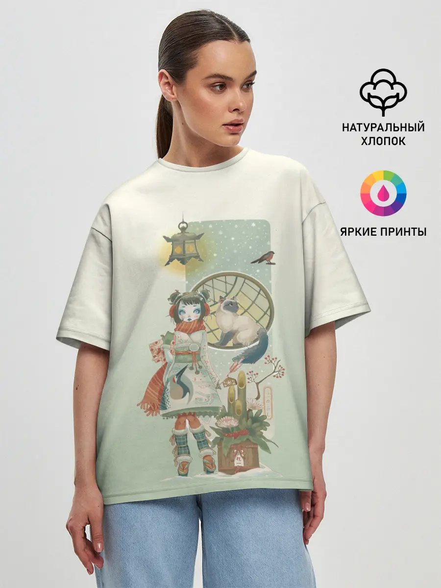 Женская футболка оверсайз / девушка кимоно зима Япония кот