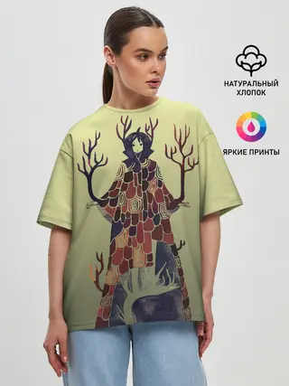 Женская футболка оверсайз / лесной волшебник акварель