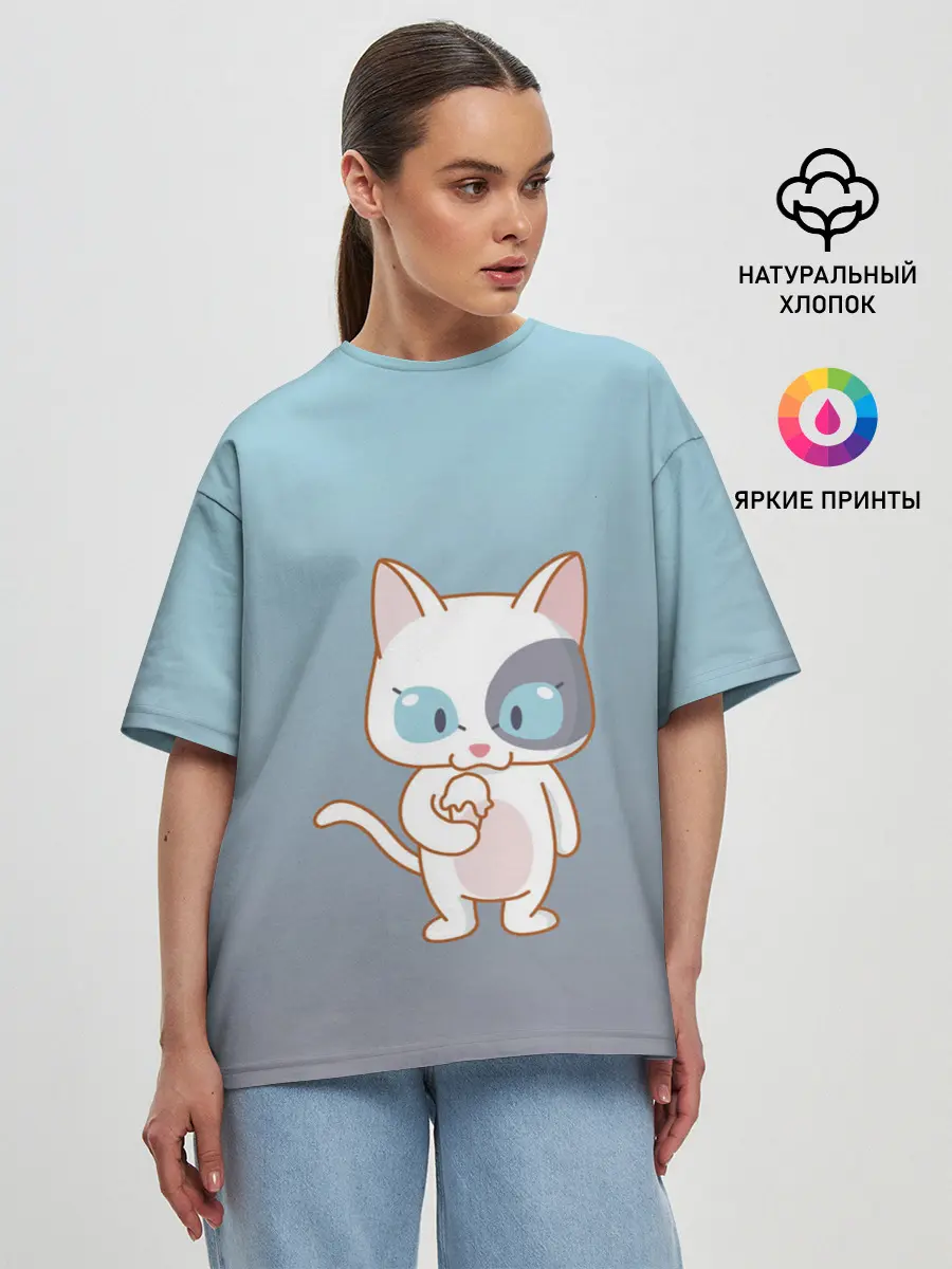 Женская футболка оверсайз / кот с мороженкой