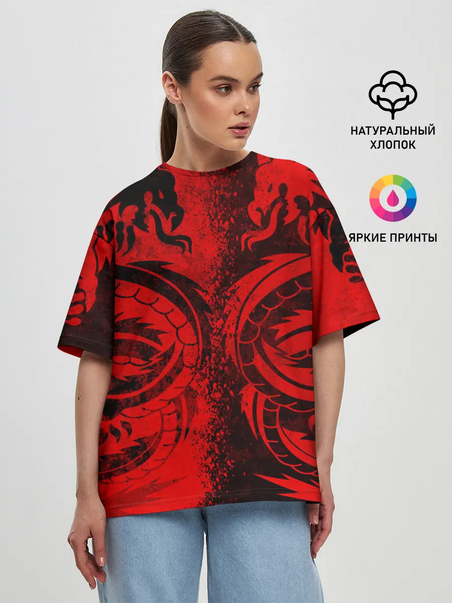 Женская футболка оверсайз / BLACK RED DRAGONS TATOO