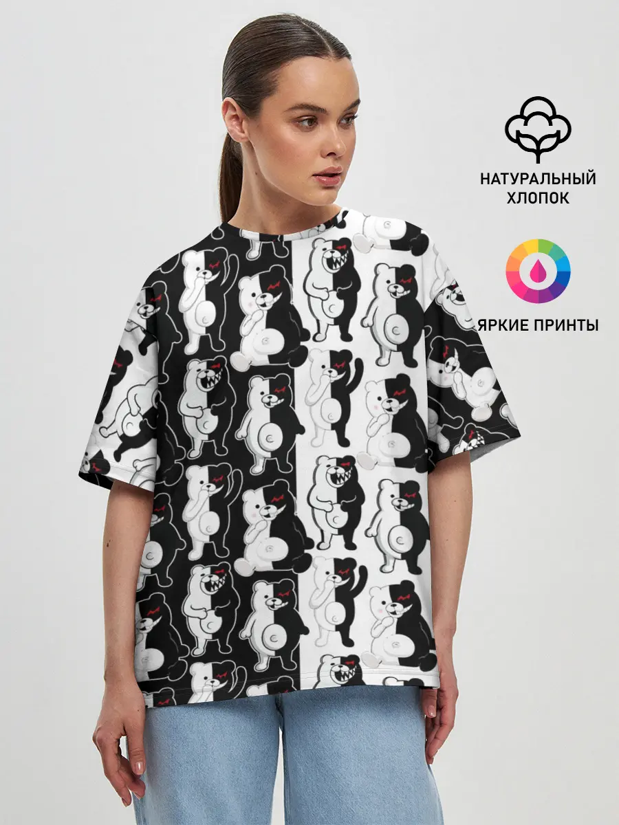 Женская футболка оверсайз / MONOKUMA / МОНОКУМА ПАТТЕРН