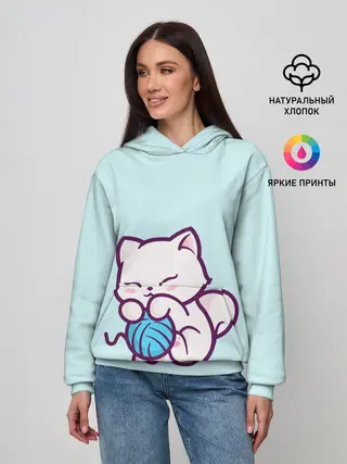 Женское худи / Белый котенок с клубком милый