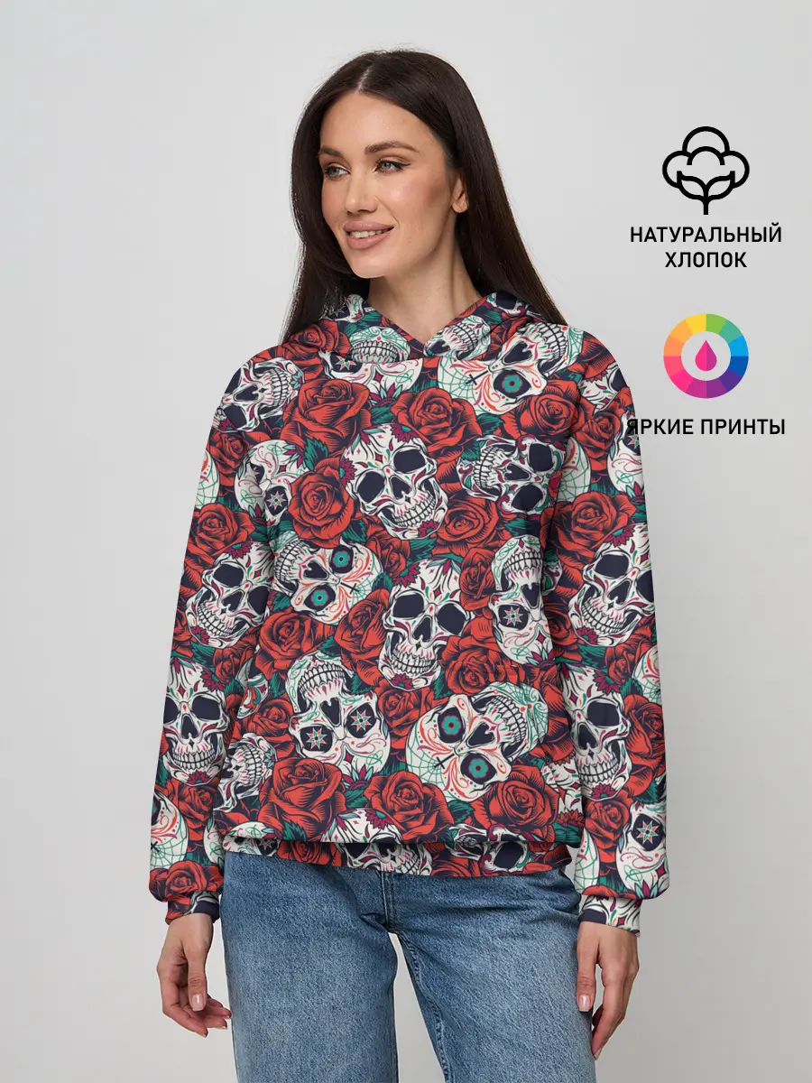 Женское худи / Тату черепа и розы