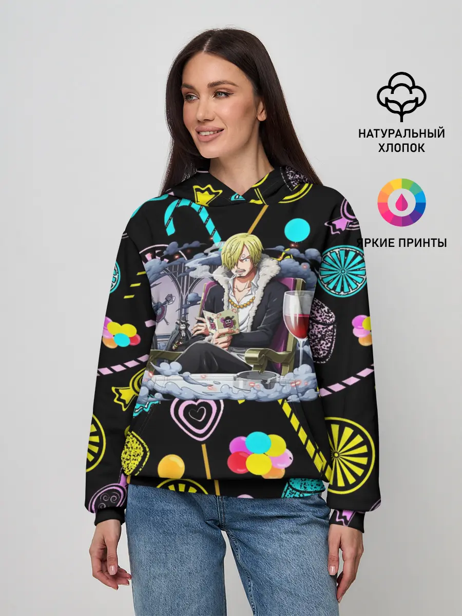 Женское худи / Винсмок Санджи. Фон со сладостями