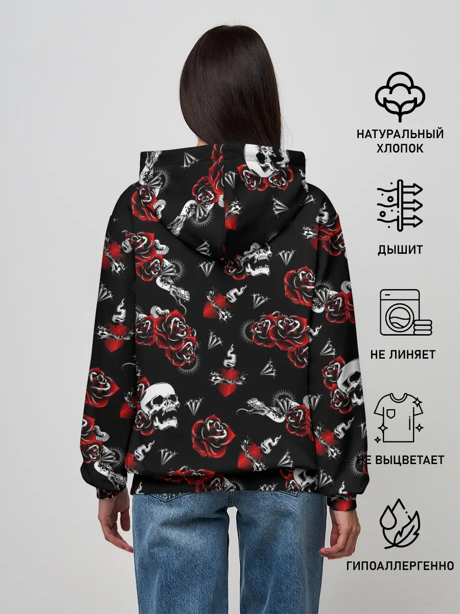 Женское худи / Черепа и розы