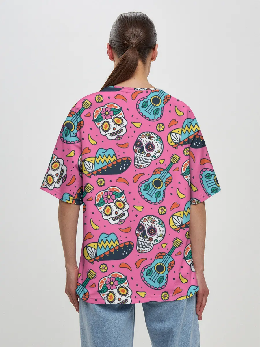 Женская футболка оверсайз / День Мёртвых узор из черепов