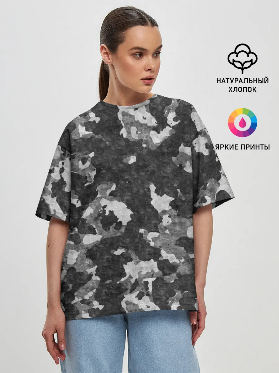 Женская футболка оверсайз / Gray Camouflage