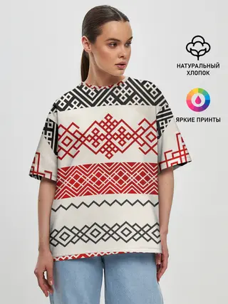 Женская футболка оверсайз / Славянский узор красно-черный