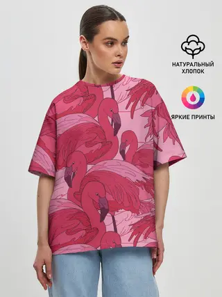 Женская футболка оверсайз / розовые фламинго