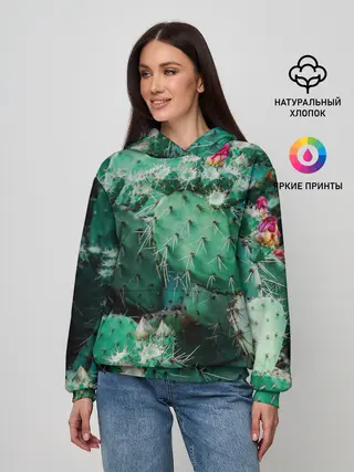 Женское худи / кактусы с цветами реализм