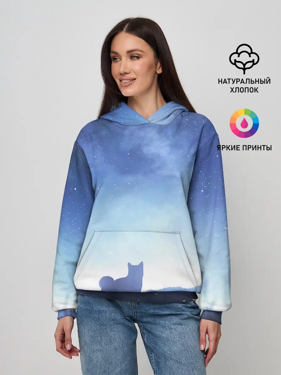 Женское худи / силуэт корги ночь космос дымка