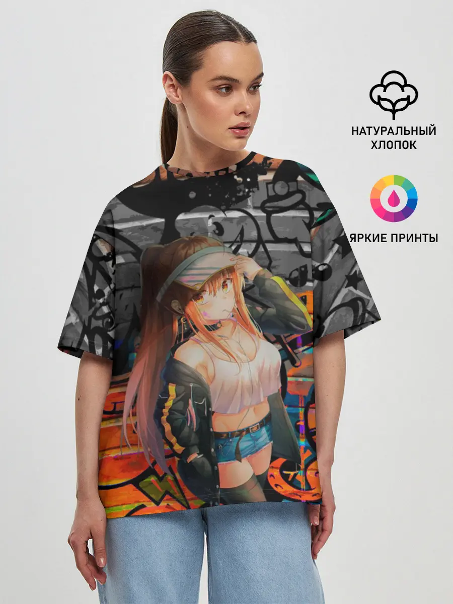 Женская футболка оверсайз / Anime Girl with Graffiti