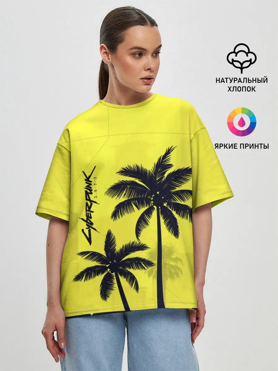 Женская футболка оверсайз / Cyberpunk 2077 - Пальмы