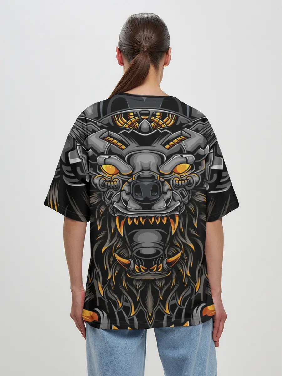 Женская футболка оверсайз / Хищный лев киборг