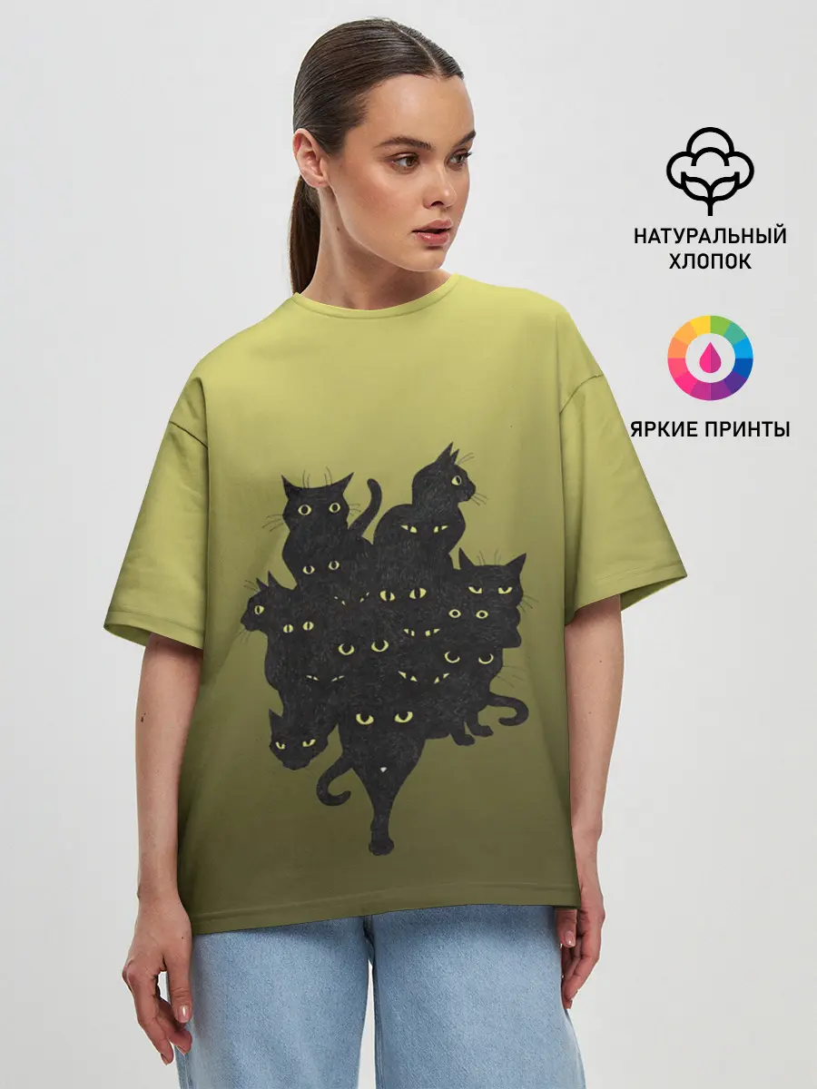 Женская футболка оверсайз / много черных котов