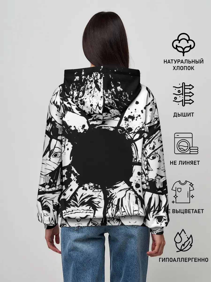 Женское худи / Kimetsu no yaiba чернобелый коллаж