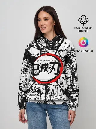 Женское худи / Kimetsu no yaiba чернобелый коллаж