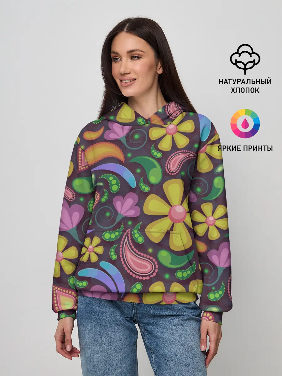 Женское худи / летние цветы узор на темном