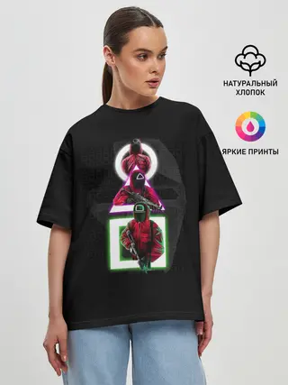 Женская футболка оверсайз / ИГРА В КАЛЬМАРА | ПЕРСОНАЖИ В МАСКАХ