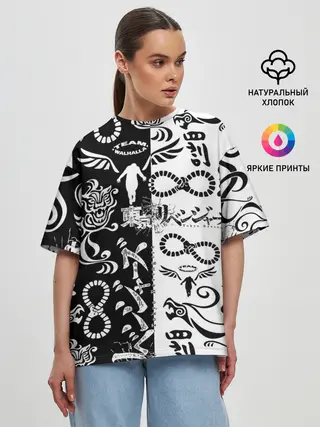 Женская футболка оверсайз / ТОКИЙСКИЕ МСТИТЕЛИ ЛОГОБОМБИНГ ЧБ