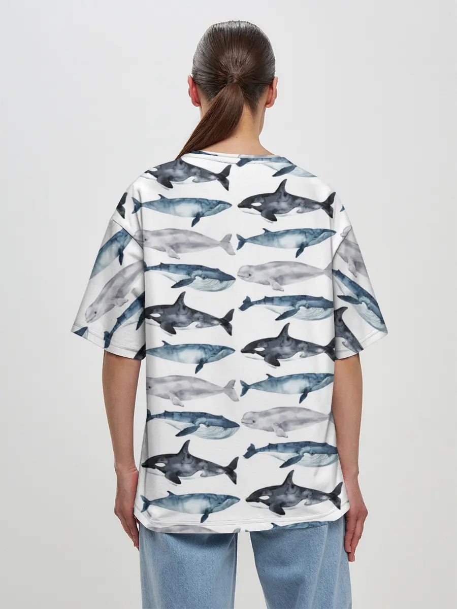 Женская футболка оверсайз / принт с китами