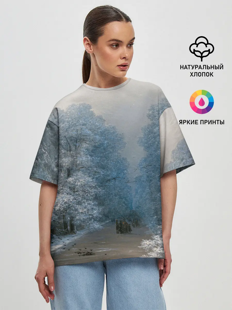 Женская футболка оверсайз / Зимний пейзаж картина маслом