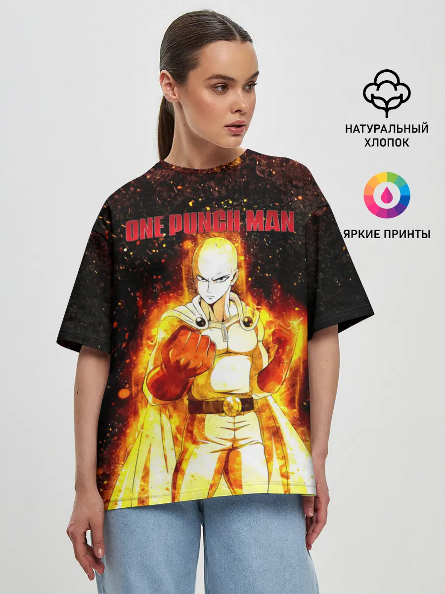 Женская футболка оверсайз / Сайтама в огне | One Punch-Man