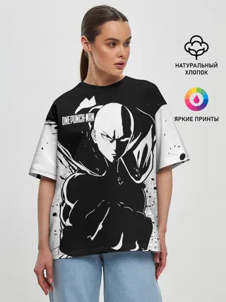 Женская футболка оверсайз / Черно-белый Сайтама One Punch-Man