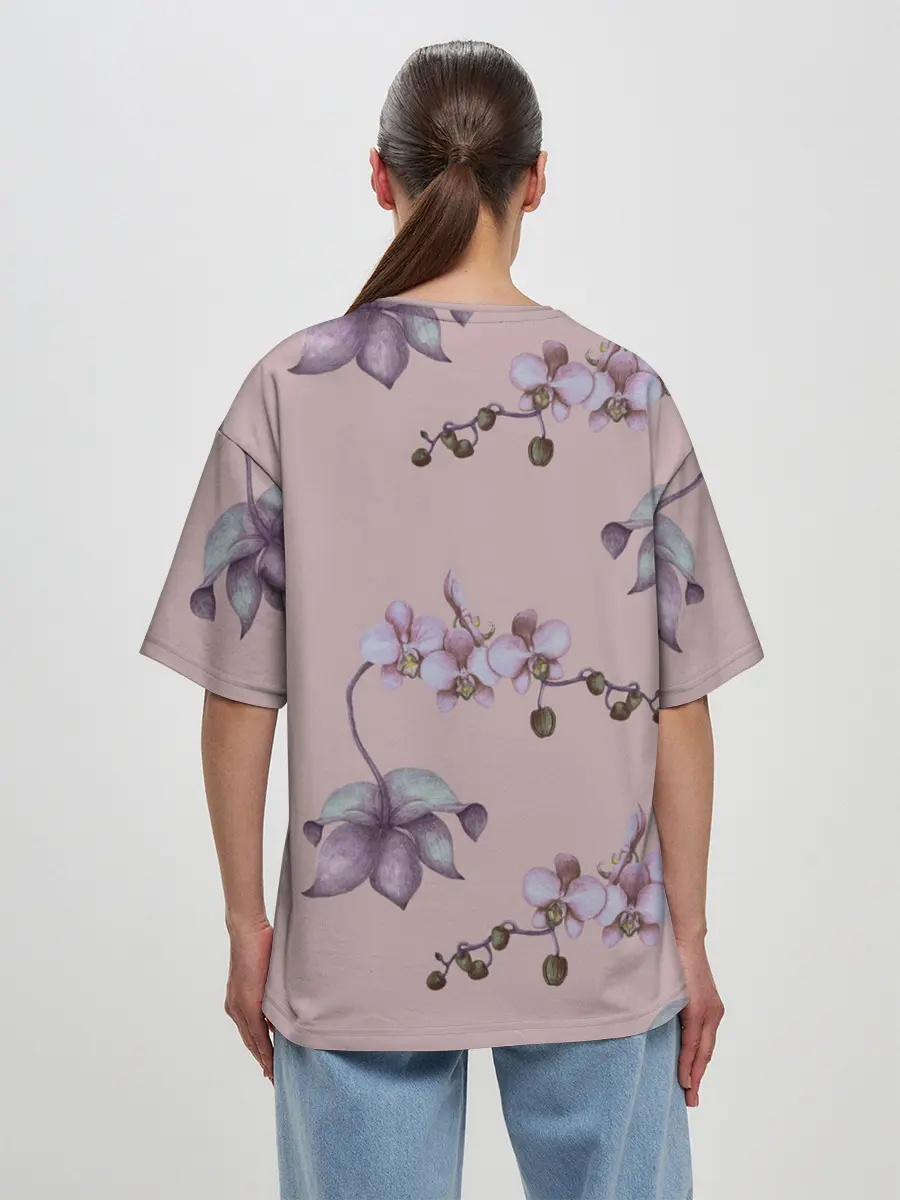 Женская футболка оверсайз / Розовые орхидеи на розовом фоне