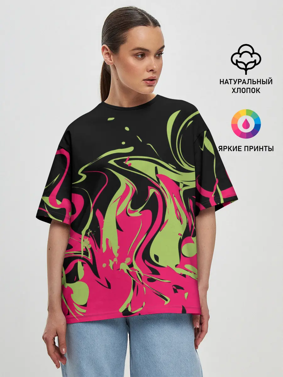 Женская футболка оверсайз / Черно малиновый абстрактный