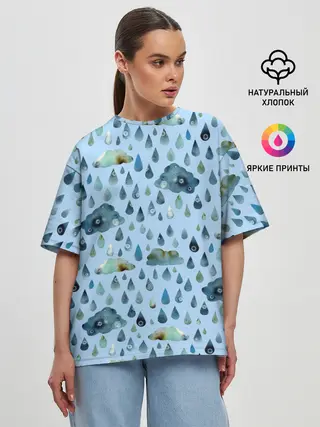 Женская футболка оверсайз / Дождливая осень.Тучки и дождь