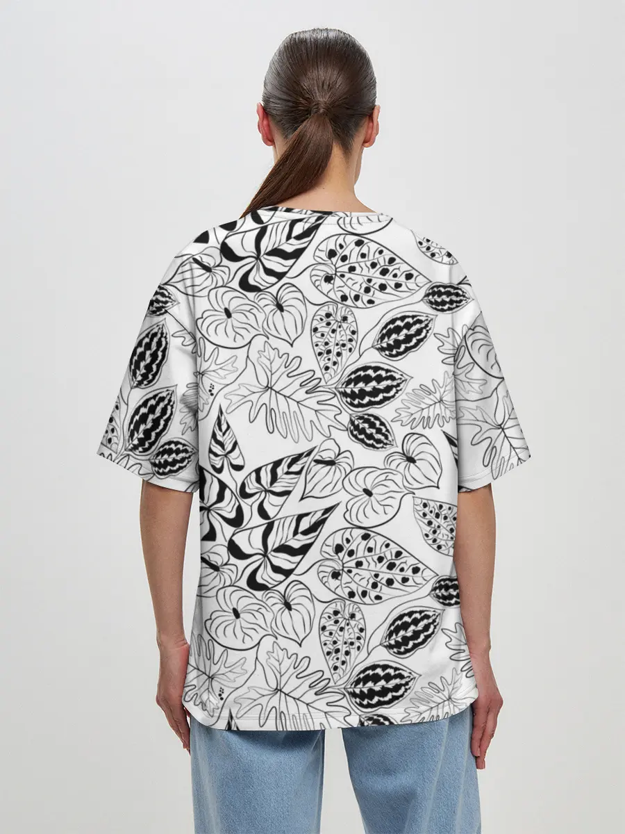 Женская футболка оверсайз / Черно-белый узор Тропики