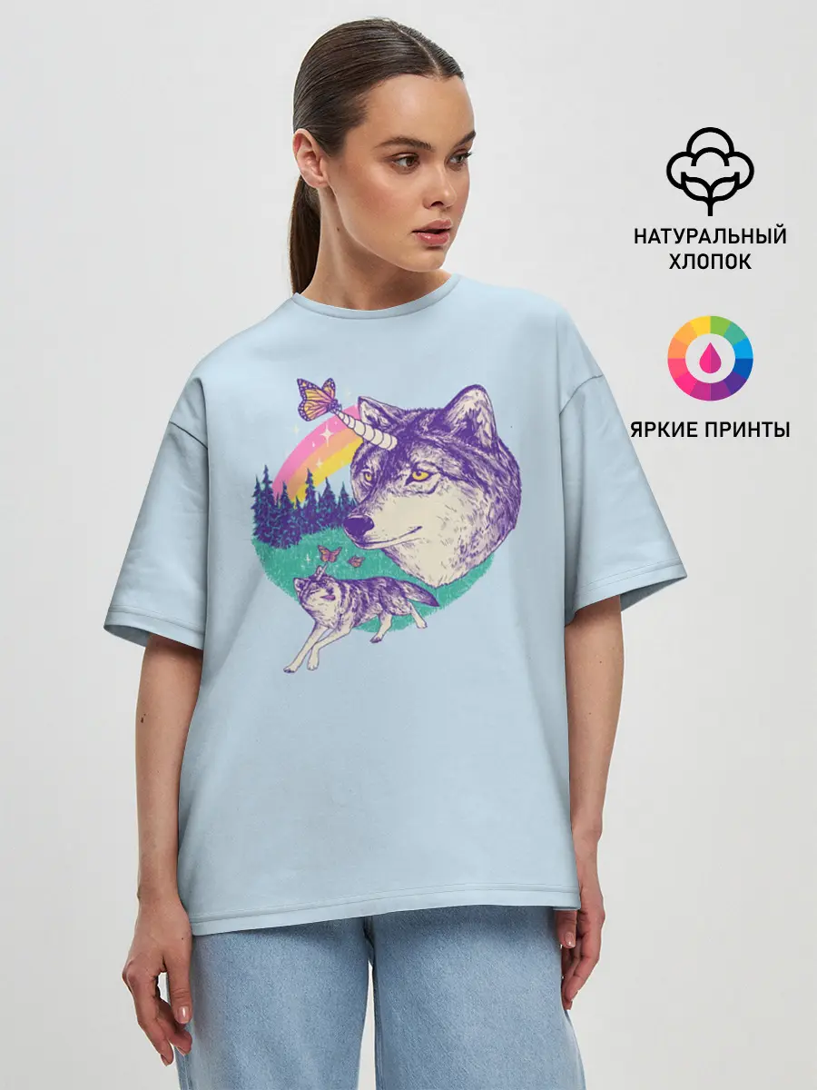 Женская футболка оверсайз / Волк единорог
