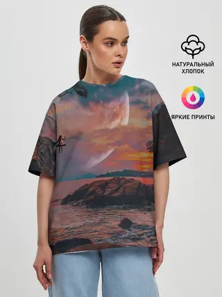 Женская футболка оверсайз / закат на качелях