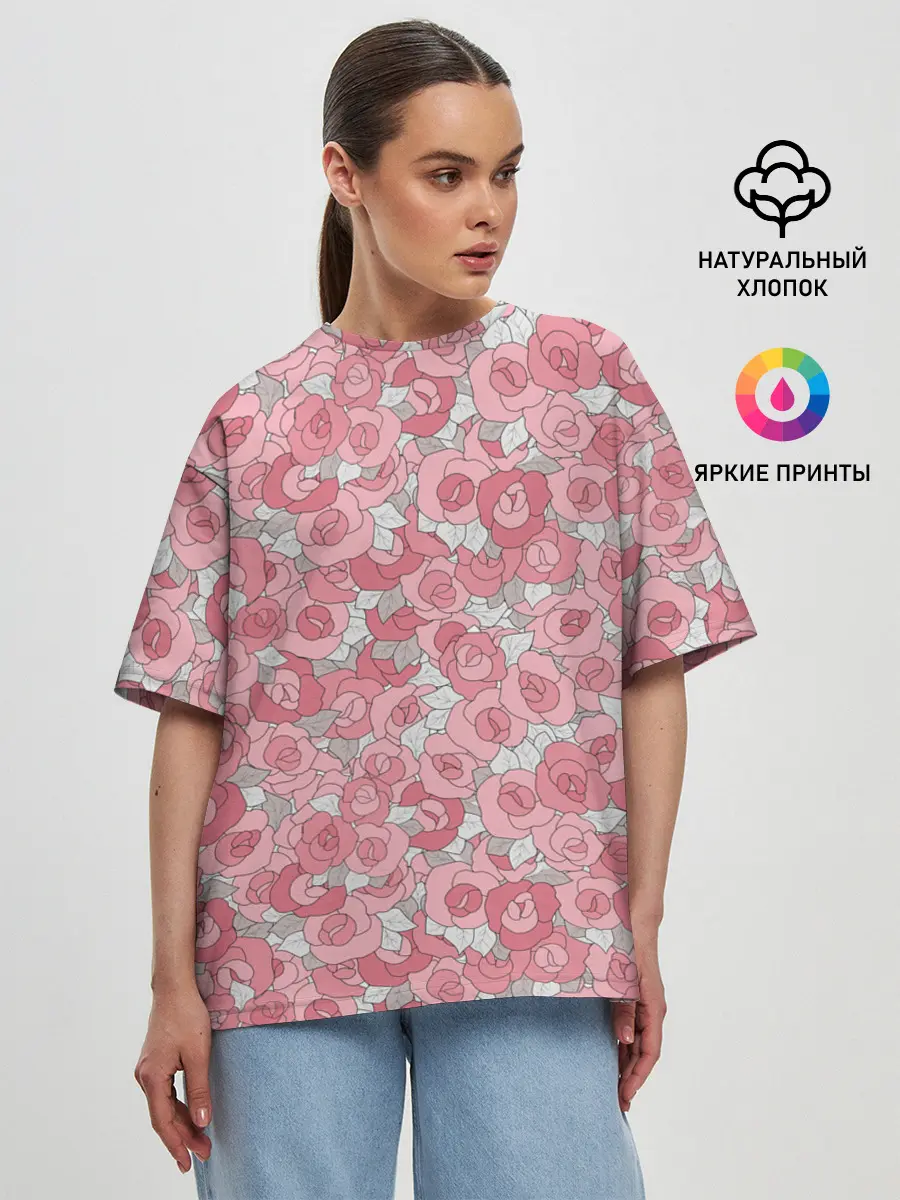 Женская футболка оверсайз / Нежно коралловые розы