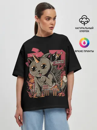 Женская футболка оверсайз / АНИМЕ КОТ-ЕДИНОРОЖЕК